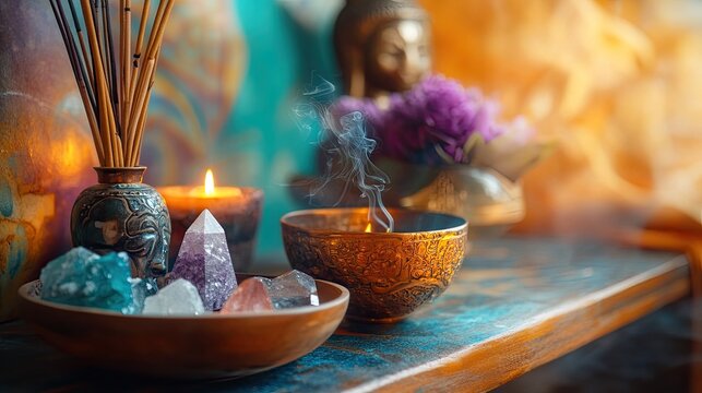 Serene Altar: Crystals, Incense, and Candlelight in Meditative Still Life