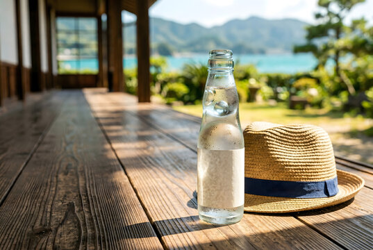 Ramune soda bottle and straw hat on a wooden porch with a scenic ocean view.