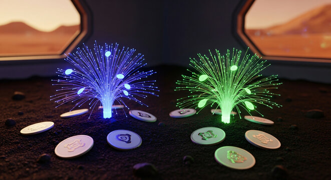 Tranquil Dynamic wide-angle of A bioluminescent fiber-optic plant with glowing leaves with A biol...
