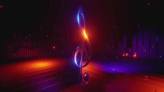 4K seamless VJ loop with glowing microphone and floating music notes for karaoke bars, VJ sets, high-tech club visuals, electronic music festivals, stage screens and for LED video walls
