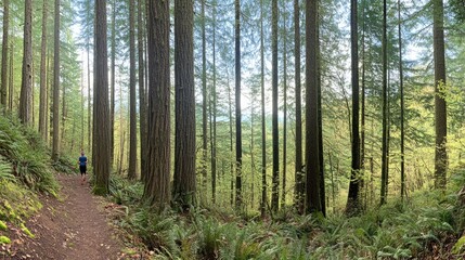 Obraz premium Runner on Forest Trail: Lush Greenery, Tall Trees, Serene Nature Scene.