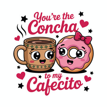 Donut, coffee cup, cute cartoon characters, Valentine's Day, sweet treats, food and drink duo