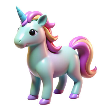 Adorable 3d plastic toy unicorn figure with pastel mane and tail on a dark backdrop transparent background