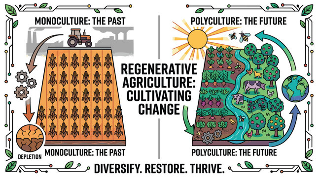 A split-screen illustration compares a depleted monoculture corn field with a thriving, biodiverse polyculture farm ecosystem to show regenerative change.