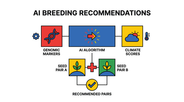 A logical flowchart illustrates how genomic markers and climate scores are processed by an AI algorithm to recommend optimal seed pairs for cultivation.