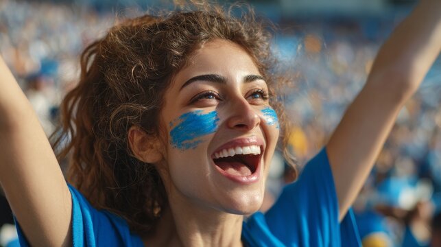 Euphoric woman in a football stadium with her face painted with the colors of the Uzbek flag, cheering and supporting her team.