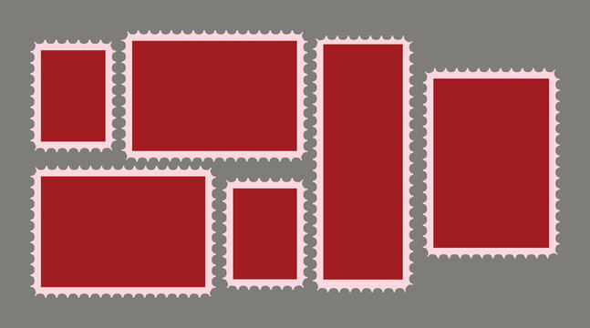 Red postage stamp templates with white borders on gray background for mockup and design purposes