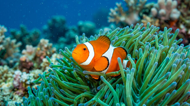 Pez payaso vibrante en an&eacute;mona marina con iluminaci&oacute;n cinematogr&aacute;fica y colores intensos en entorno tropical submarino.
