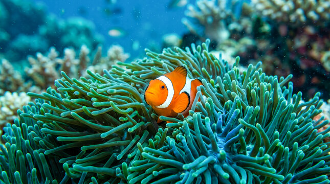 Pez payaso vibrante en an&eacute;mona marina con iluminaci&oacute;n cinematogr&aacute;fica y colores intensos en entorno tropical submarino.