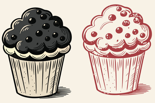 Blueberry cupcake or muffin outline sketch vector illustration for bakery, dessert menu and sweet food concept. Symbolizing freshness, taste and indulgence