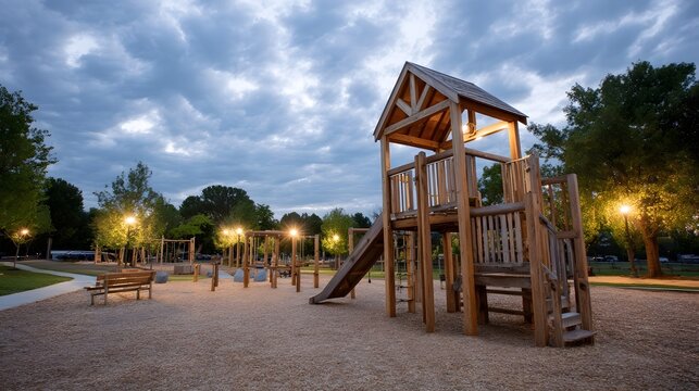 A wooden playground structure stands on a gravel surface under a dramatic cloudy twilight sky at the park