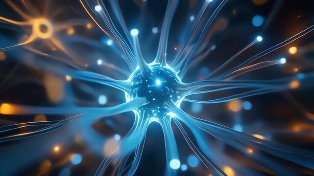 Neuron cell network inside the brain. Tecno Blue. Flying across a neuronal network, electric impulses passes by it. Synapse.