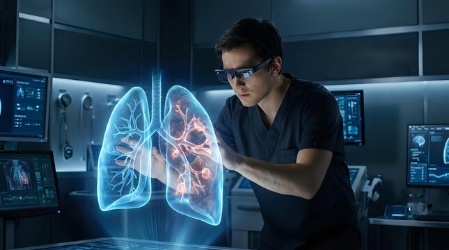 Young male doctor examining holographic lung anatomy in futuristic medical laboratory with advanced technology and digital displays for healthcare innovation.