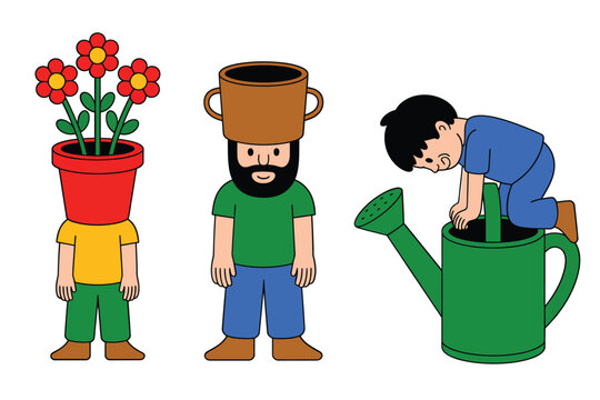 Whimsical illustration of people with pot and watering can heads