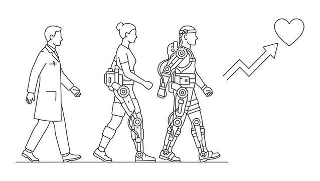 Line art of doctor walking with patients wearing exoskeleton suits for rehabilitation.