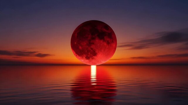 A large red moon rising over a body of water at sunset with vibrant colors