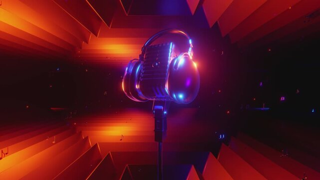 4K seamless VJ loop with glowing microphone and floating music notes for karaoke bars, VJ sets, high-tech club visuals, electronic music festivals, stage screens and for LED video walls
