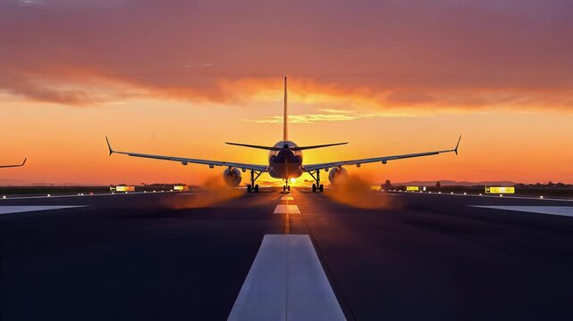 Airplane taking off during a vibrant sunset on a runway with dramatic lighting