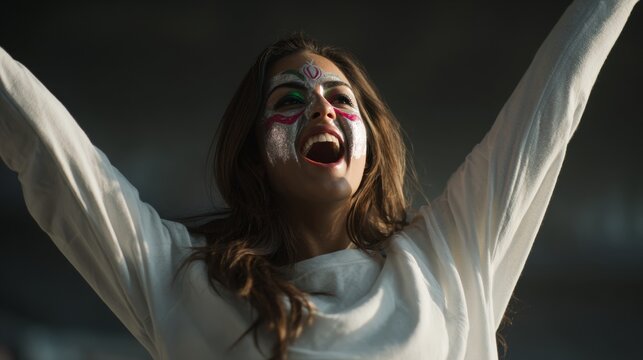 Euphoric woman in a football stadium with her face painted with the colors of the Iranian flag, cheering and supporting her team.