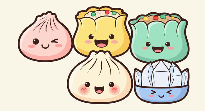 Cute Kawaii Dim Sum Character Collection Chinese Dumpling and Baozi Vector Illustration