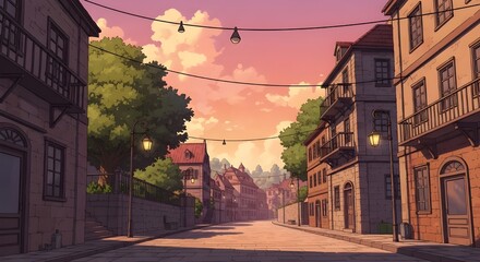 Fototapeta premium Picturesque European street scene with traditional buildings and warm sunset sky.