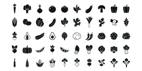 Fototapeta premium Comprehensive Vegetable Icon Set: Black Silhouette Vector Collection of Carrot, Tomato, Broccoli, Mushroom, Ginger, Onion, and Greens for Healthy Food Branding and Graphic Design