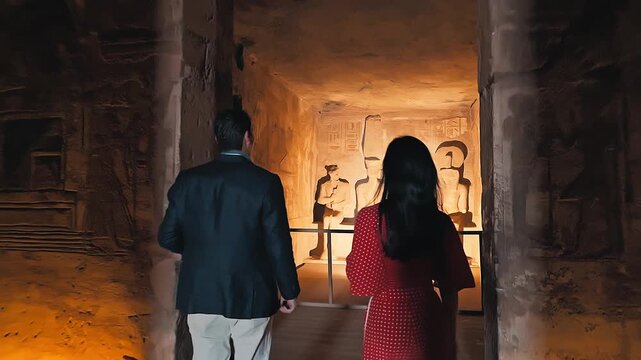 american young man traveler wearing white hat with his wife with red dress exploring ancient Egyptian abu simble temple with background of ramsses ii statues. Egypt.