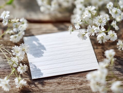 White spring flowers on rustic wood with blank paper for copy space