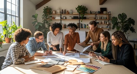 Obraz premium Diverse group of young professionals collaborating in a modern office meeting room.