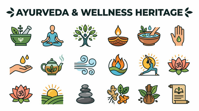 Ayurveda Wellness Heritage Icons: Yoga, Meditation, Herbs, Lotus