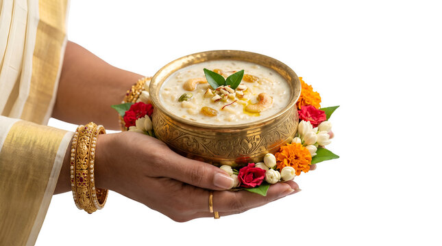 Hand holding Payasam in golden uruli with flowers on transparent background 