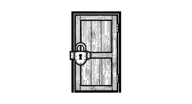 A rustic wooden door is secured with a vintage padlock