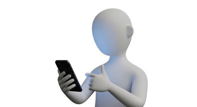 3D Generic Character Holding and Pointing at Smartphone Screen, Representing Digital Interaction, Communication, and Mobile Technology Usage on Whi...