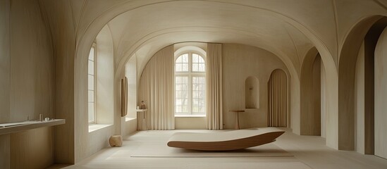 Obraz premium Sophisticated Vaulted Interior with Arched Windows, Neutral Palette, and Unique Wave Daybed