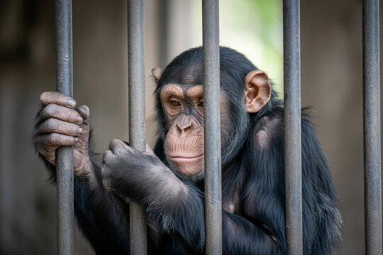 Sad chimpanzee sits behind bars in a zoo enclosure reflecting captivity and animal welfare concer