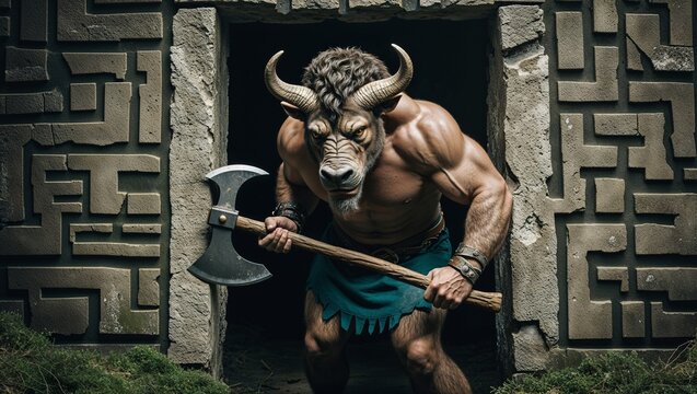 Minotaur guarding maze entrance with battle axe, breathing heavily