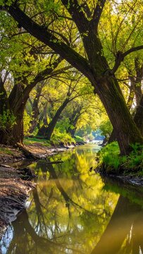A serene forest pathway with a small stream