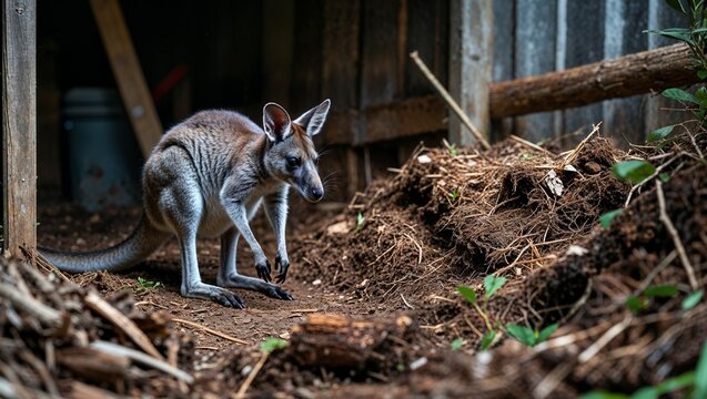 Musky rat-kangaroo exploring shady compost corner
