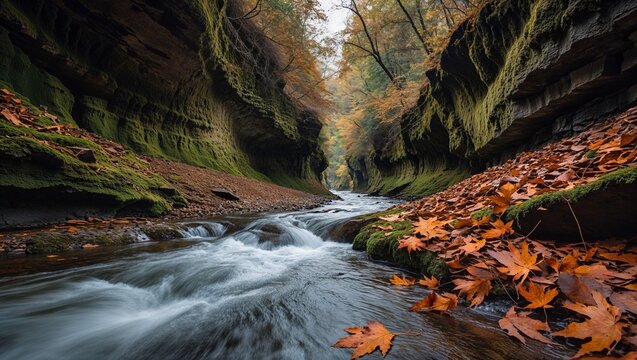 Fast flowing river moving through a deep rocky canyon during autumn