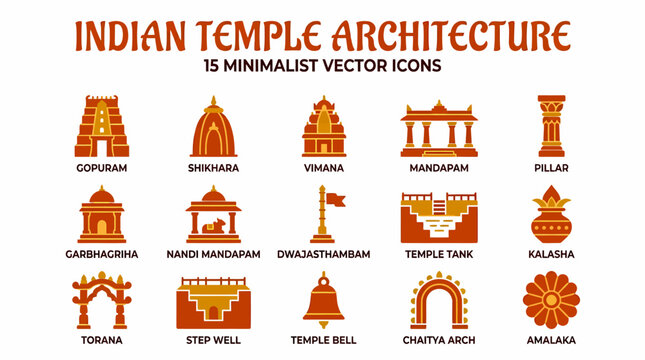 Indian Temple Architecture Icons - Minimalist Vector Set