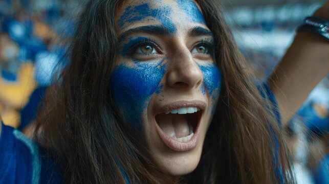 Euphoric woman in a football stadium with her face painted with the colors of the Uzbek flag, cheering and supporting her team.