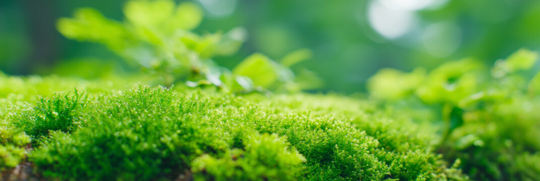 Macro green moss texture with soft bokeh background, fresh natural forest surface, vibrant eco foliage detail, shallow depth of field, peaceful nature backdrop with copy space
