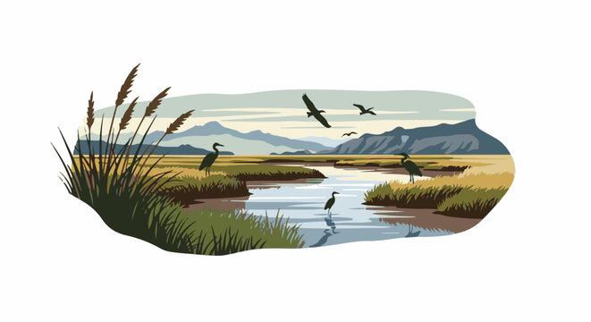 Serene marsh scene with tall grasses, calm water, distant mountains, and birds