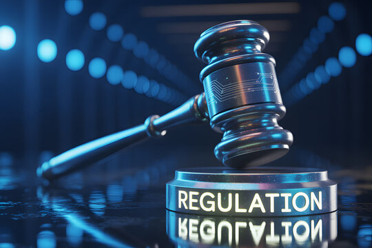 Regulation word on gavel block with futuristic judicial setting backdrop