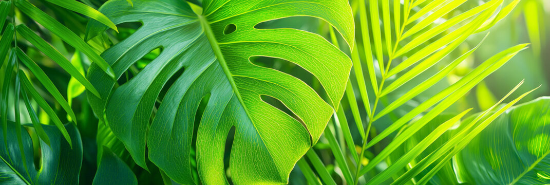 Realistic close-up of tropical leaves such as monstera palm vibrant green detailed veins