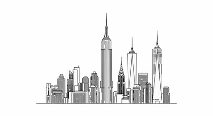 Fototapeta premium Stylized black and white line art cityscape of iconic tall buildings