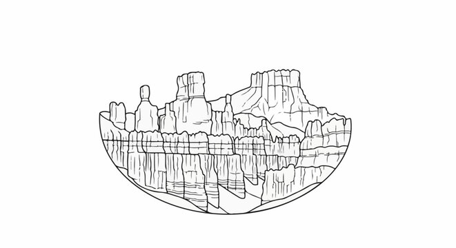 Stylized line art of layered rock formations within a semicircle