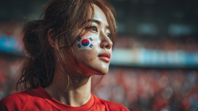 Euphoric woman in a football stadium with her face painted with the colors of the South Korean flag, cheering and supporting her team.