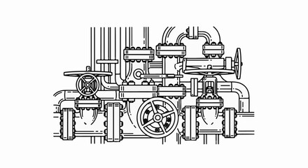 Obraz premium Intricate industrial piping with valves and pressure gauges in a detailed linework illustration