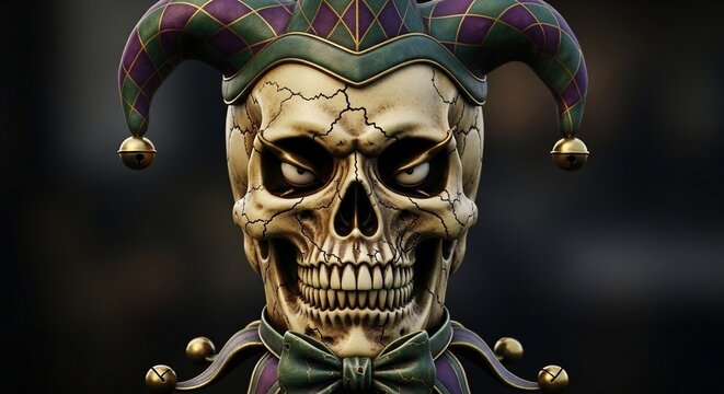 Eerie Jester Skull: Golden Bone Texture, Shadowed Depths, Sinister Grin, Medieval Courtly Colors.